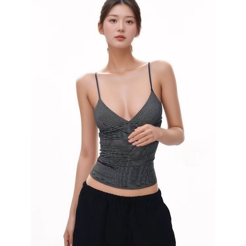 现货JLAUNT 黑色条纹吊带背心女夏季修身美背美式辣妹针织上衣