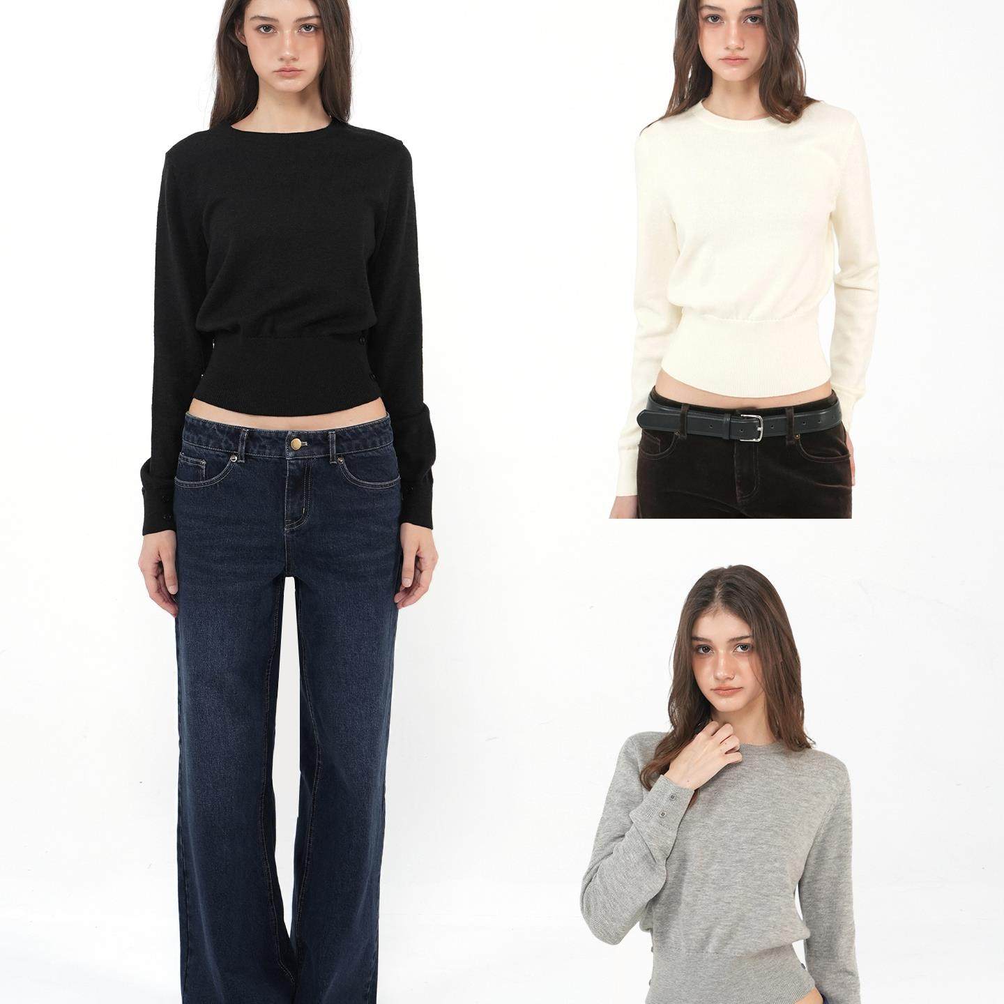 同款现货Jim Kennet三色宽松圆领收腰长袖针织上衣