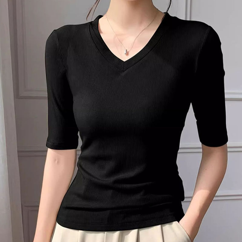 纯棉短袖T恤女2025新款春秋薄款简约黑色时尚V领五分袖打底衫上衣