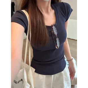 打底上衣 T恤女夏季 chic纯欲U领正肩2025新款 气质修身 收腰显瘦短袖