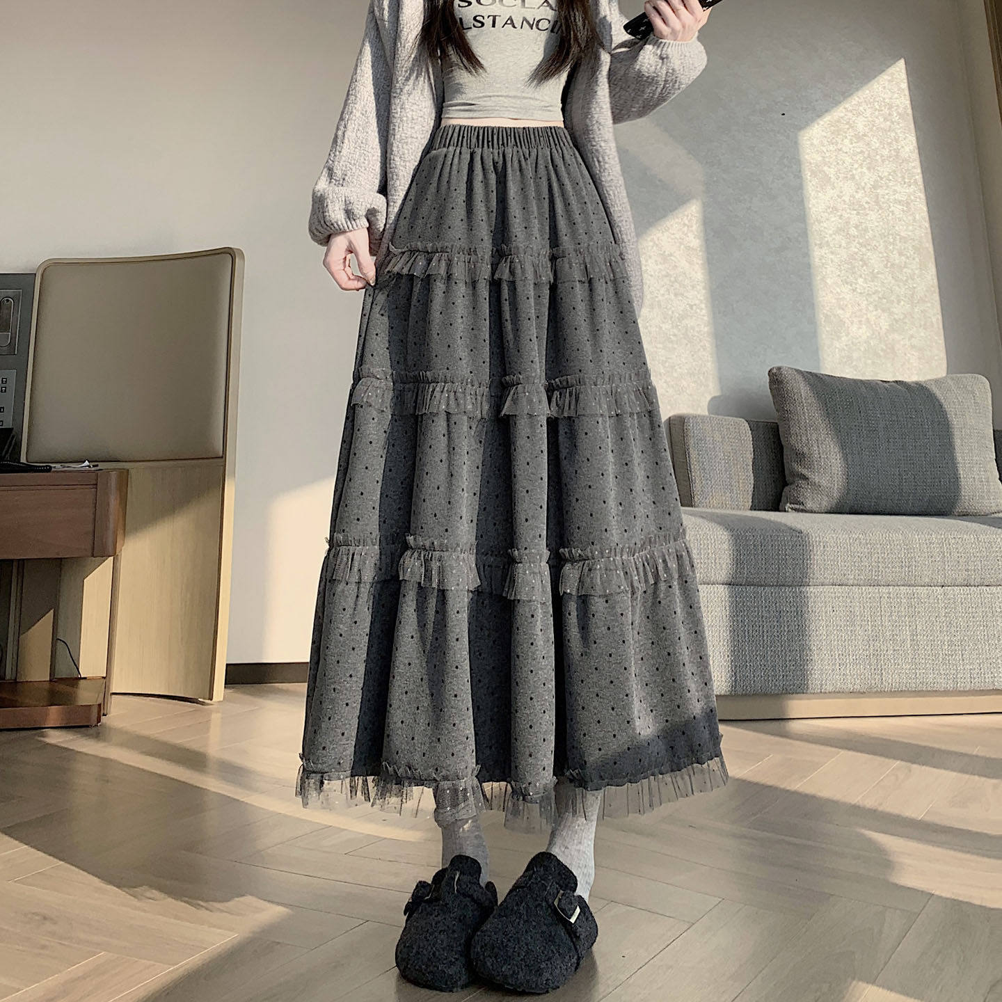 半身裙女秋冬季加绒加厚毛呢波点百褶裙高腰显瘦垂感a字大摆长裙