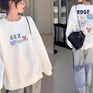 加绒女士白色套头上衣宽松舒适 薄款 卡通圆领卫衣2025年春秋季 新款