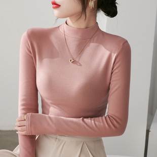 纯棉小立领洋气上衣 t恤修身 打底衫 半高领女内搭2025秋冬中领长袖