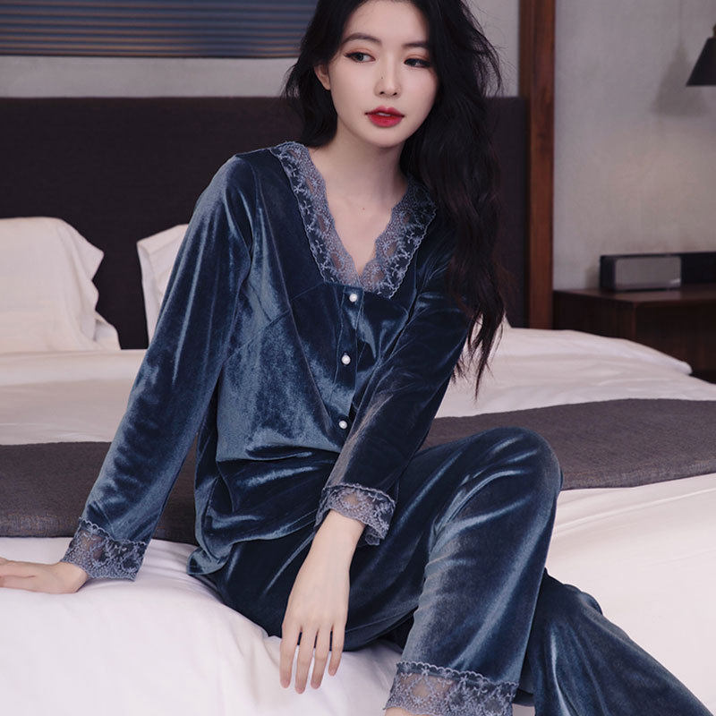 2025年新款睡衣女春秋冬季长袖长裤两件套装金丝绒可外穿居家服