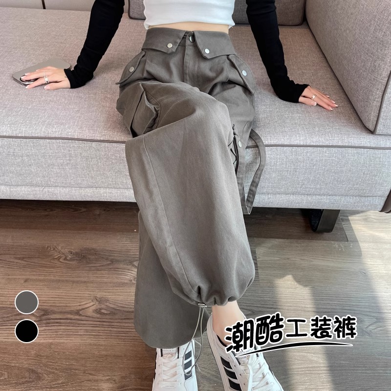 工装裤女夏季美式高腰翻边甜酷潮流日杂风灰色炸街休闲运动冲锋裤