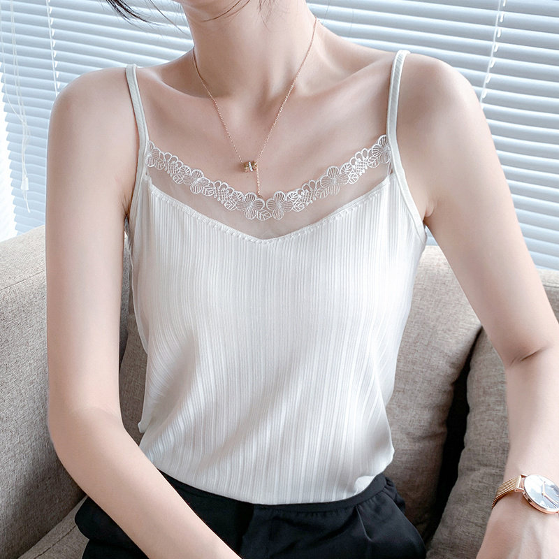 背心上衣女夏薄款莫代尔棉蕾丝螺纹纱网无袖短款打底吊带内搭抹胸