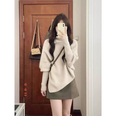 女款不规则高领毛衣2024秋冬显瘦