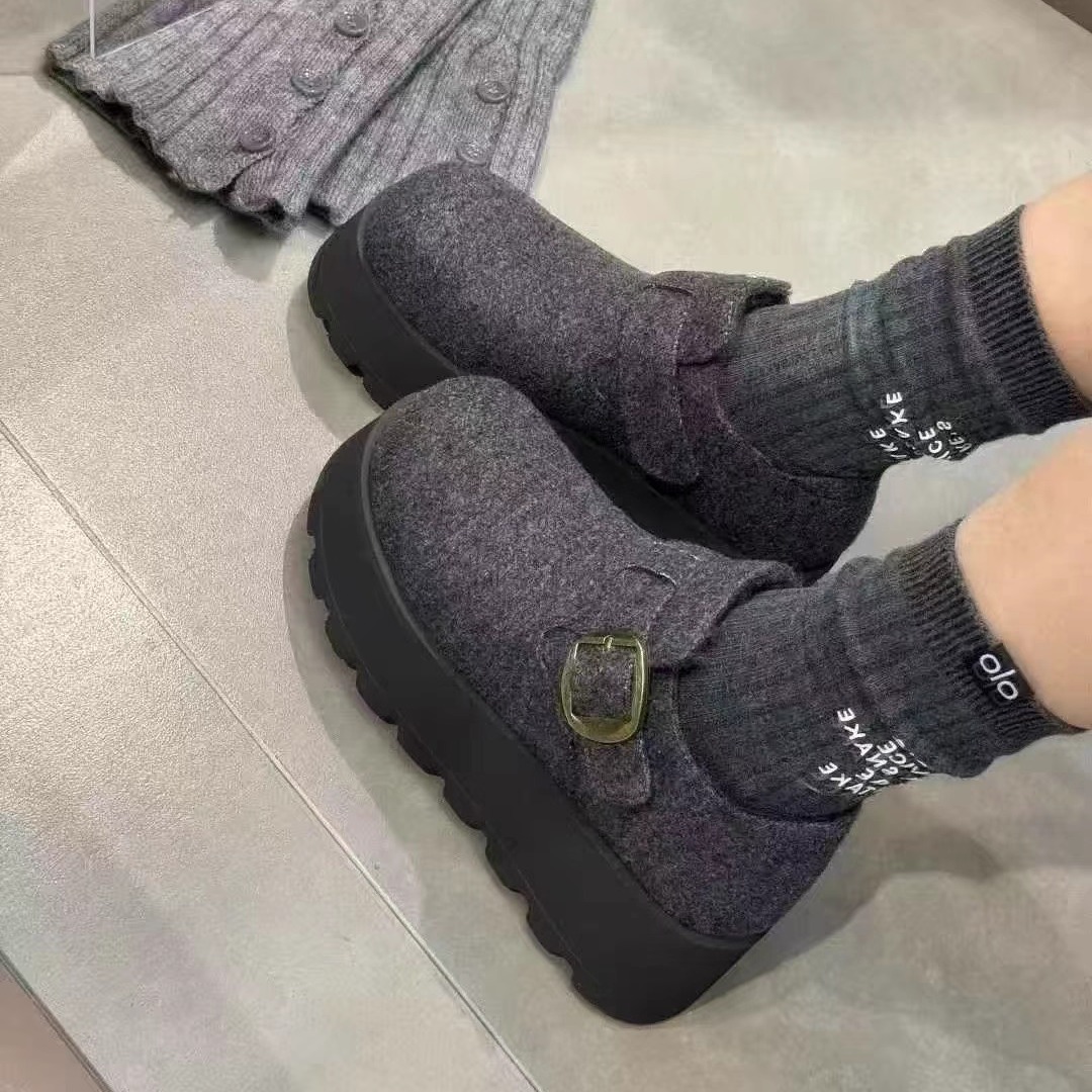 厚底毛呢勃肯鞋女灰色冬季加绒增高百搭休闲懒人魔术贴一脚蹬棉鞋
