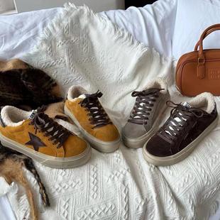 星星加绒棉鞋 板鞋 女冬韩版 休闲女鞋 真皮做旧脏脏小脏鞋 羊羔毛毛鞋