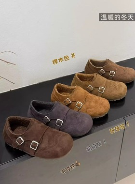 勃肯鞋女灰色毛呢秋冬新款搭扣休闲乐福鞋轻便内增高加绒舒适棉鞋