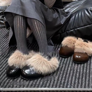 新款 女两穿冬季 加绒一脚蹬懒人鞋 斯拉夫式 法式 棉鞋 复古毛毛勃肯鞋