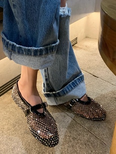 一字带平底芭蕾鞋 2025夏季 软底圆头小众镂空水钻法式 满钻单鞋 新款