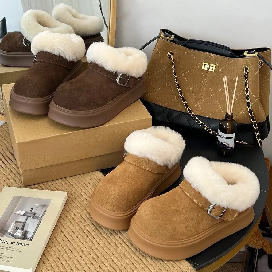 毛绒全包勃肯鞋女冬季新款加绒保暖雪地靴扣带装饰毛毛鞋厚底棉鞋,女鞋,时尚雪地靴,淘宝优惠券,粉丝福利购,淘宝优惠卷