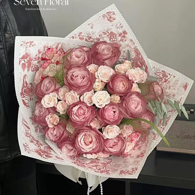 复古印花网红白色鲜花花束包装纸