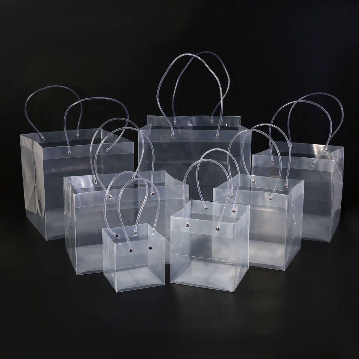 透明方形手提袋花店礼盒花袋长柄提袋鲜花束花盒包装礼品袋手拎袋