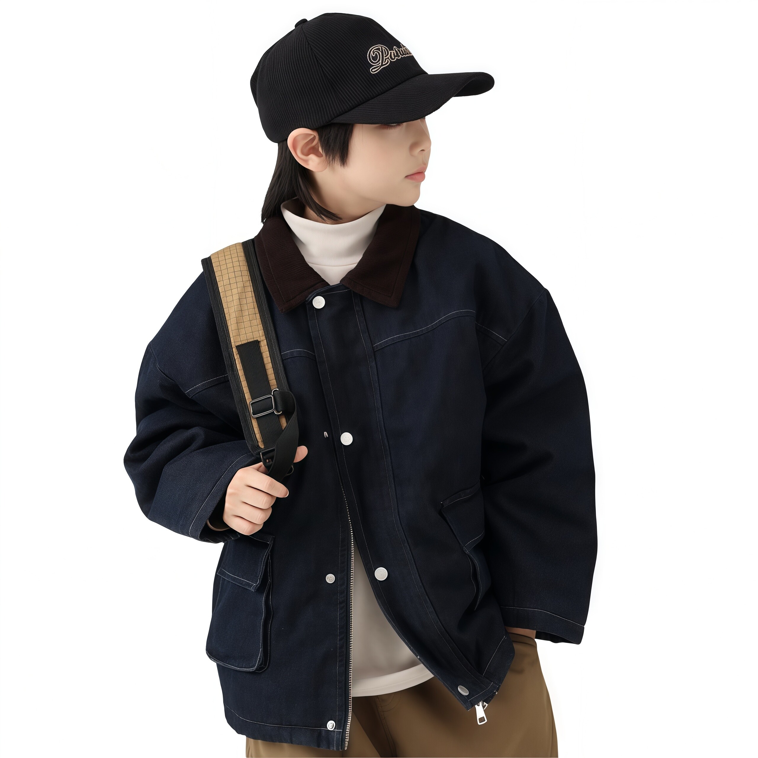 男童日系夹棉牛仔棉衣外套中大童宽松潮酷翻领长袖拉链上衣棉服潮
