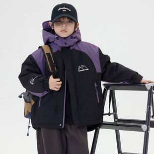 日系男童加厚拼色连帽棉衣 冬季儿童防风夹棉冲锋衣外套棉服潮酷