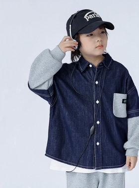 日系男童秋季潮酷拼色假两件蓝色牛仔衬衫外套 儿童翻领宽松上衣