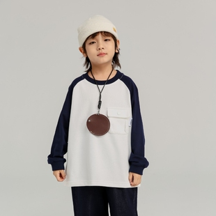 白灰2色男童撞色口袋卫衣 秋款日系男童宽松圆领套头打底衫上衣潮
