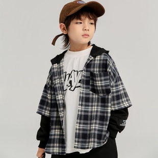 帅气百搭假两件磨毛连帽格子衬衫 男童春秋拼接宽松衬衣外套上衣