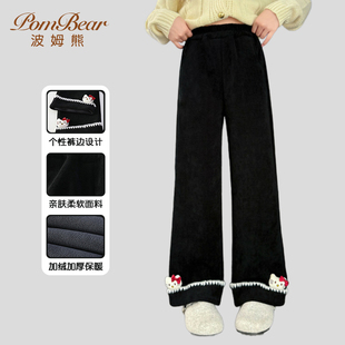 波姆熊女童加绒裤子2025新款秋冬装儿童加绒保暖卫裤中大童运动裤