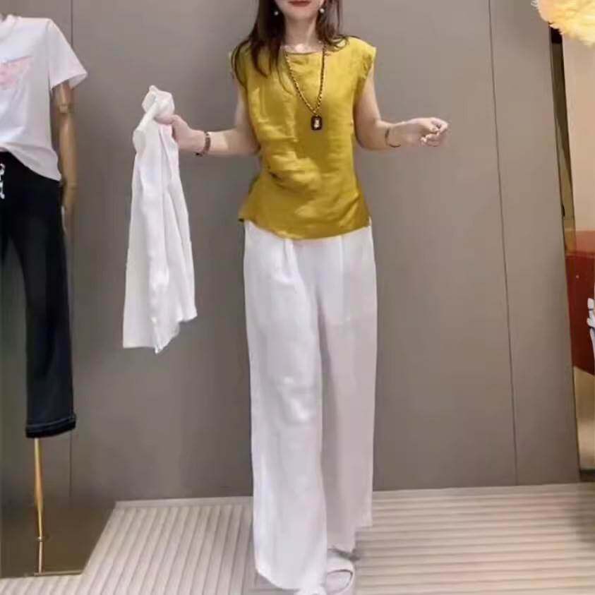 高端品牌246232024夏季新款时尚收腰无袖上衣高腰阔腿长裤女装