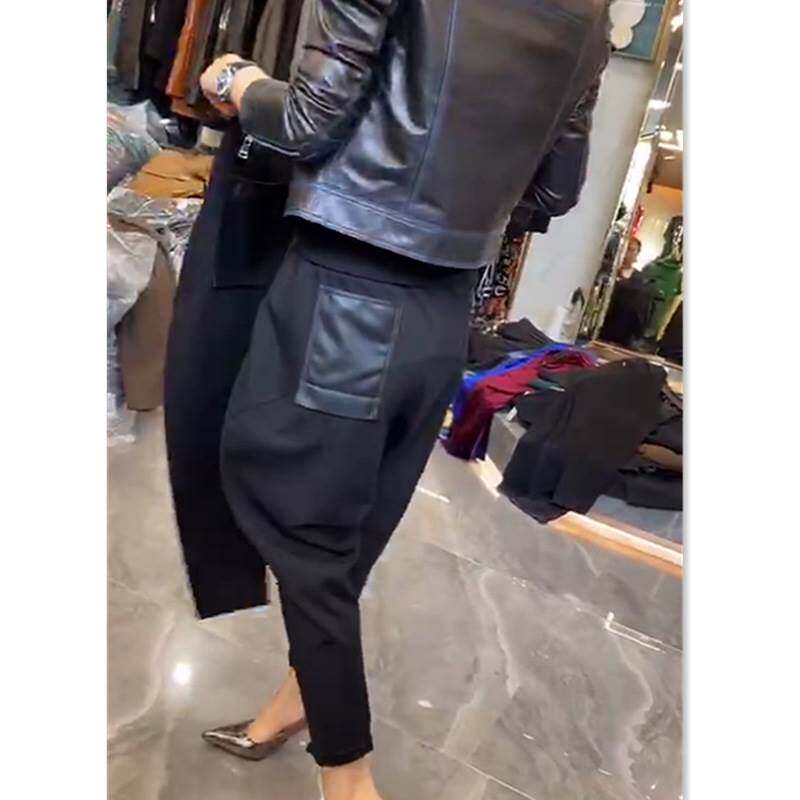 特惠98892024秋冬季新款黑色哈伦裤显瘦拼PU女裤时尚长裤潮