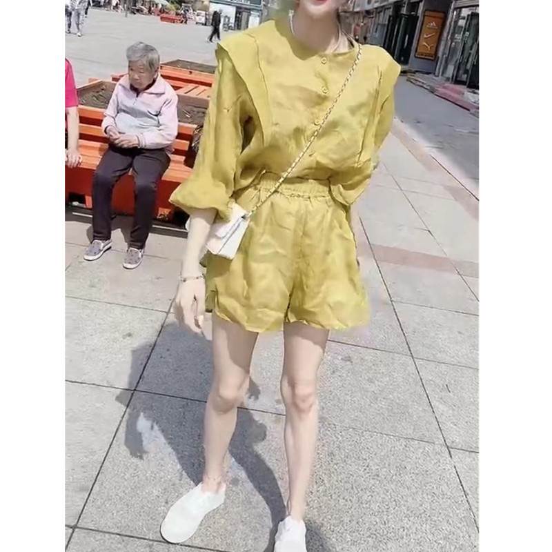 特惠96972024夏季新款时尚黄色套装宽松显瘦短裤休闲女装潮