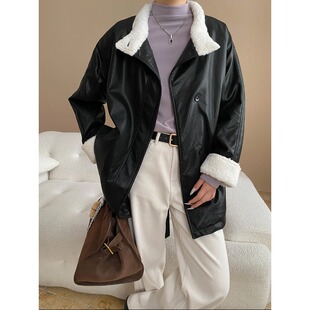 今年流行特惠司南 摩登街头感 复古PU皮立领仿皮毛一体宽松皮衣
