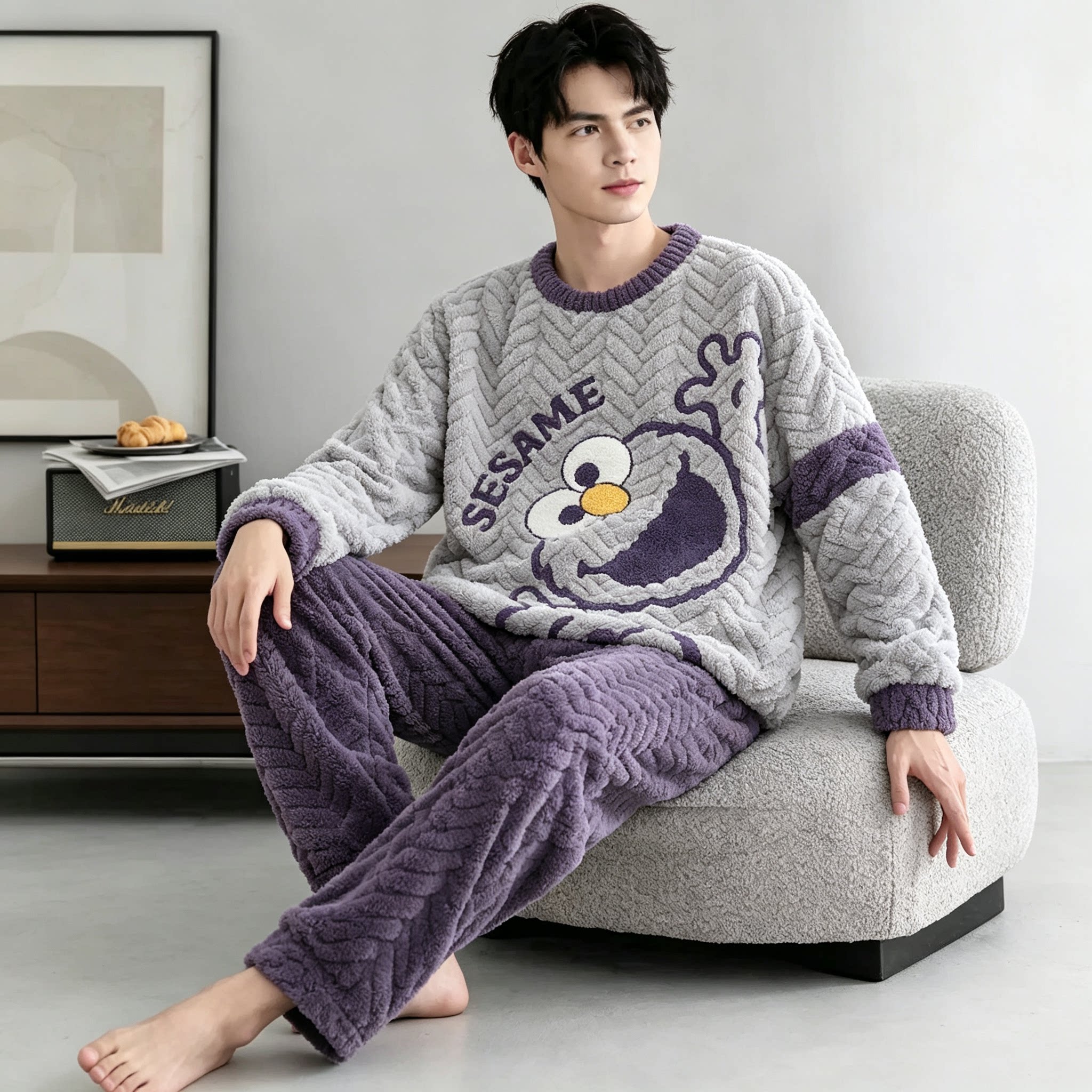 芬腾秋冬季珊瑚绒睡衣男款加厚加睡衣/家居服套装