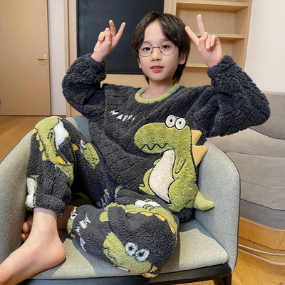 全棉纯棉2025新款儿童睡衣珊瑚绒冬季加绒加厚男童青少年学生法兰