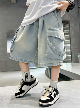 男童夏季透气牛仔工装过膝短裤