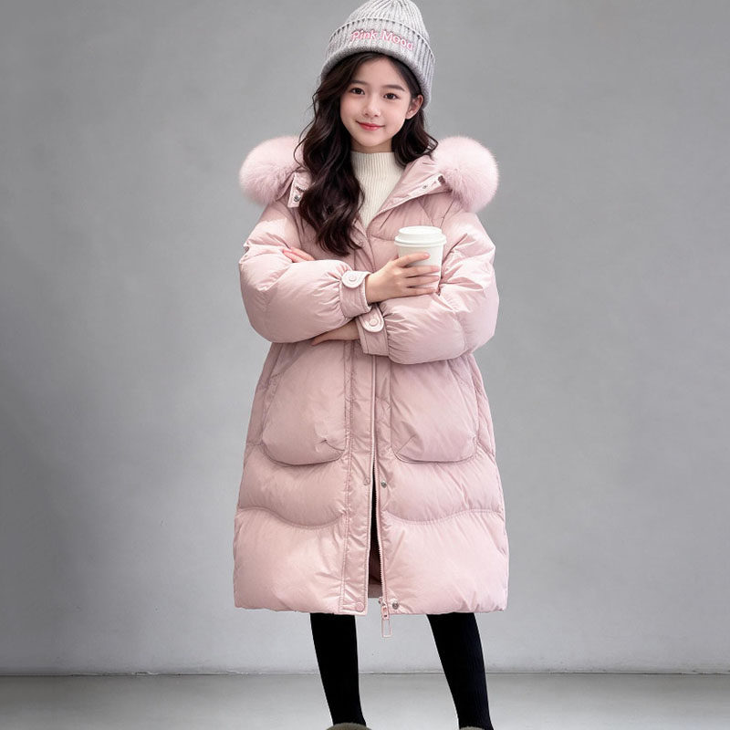 女大童中长款连帽棉服冬季加厚棉衣保暖大毛领外套女孩小清新棉袄