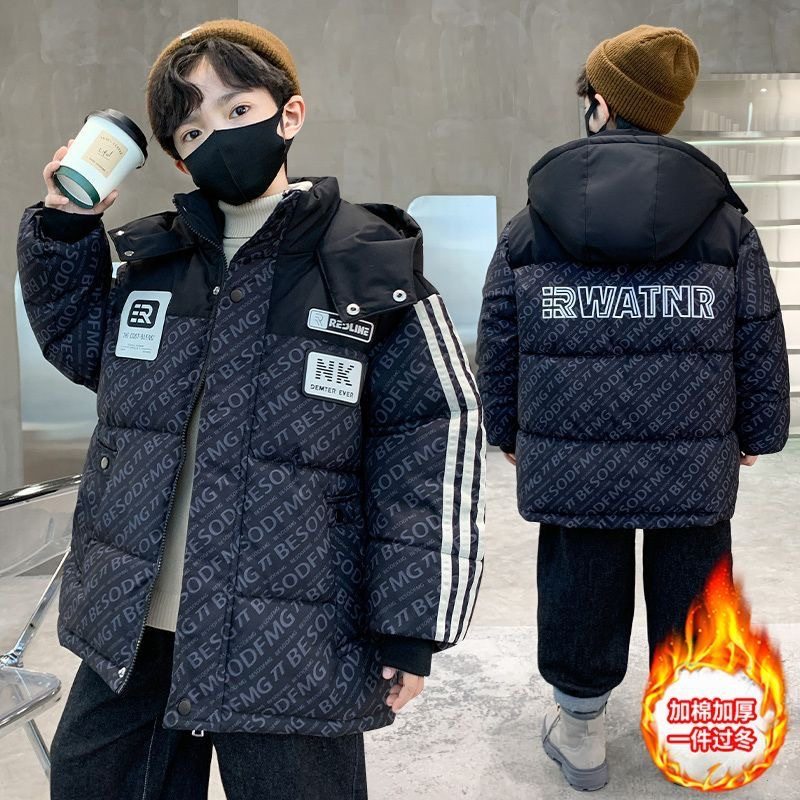 男童冬装羽绒棉服男孩中大童冬季拼色棉袄加厚儿童字母满印棉衣潮