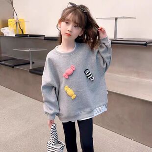 女童卫衣秋装2025小女孩宽版灰色长袖春秋中长款儿童立体装饰上衣