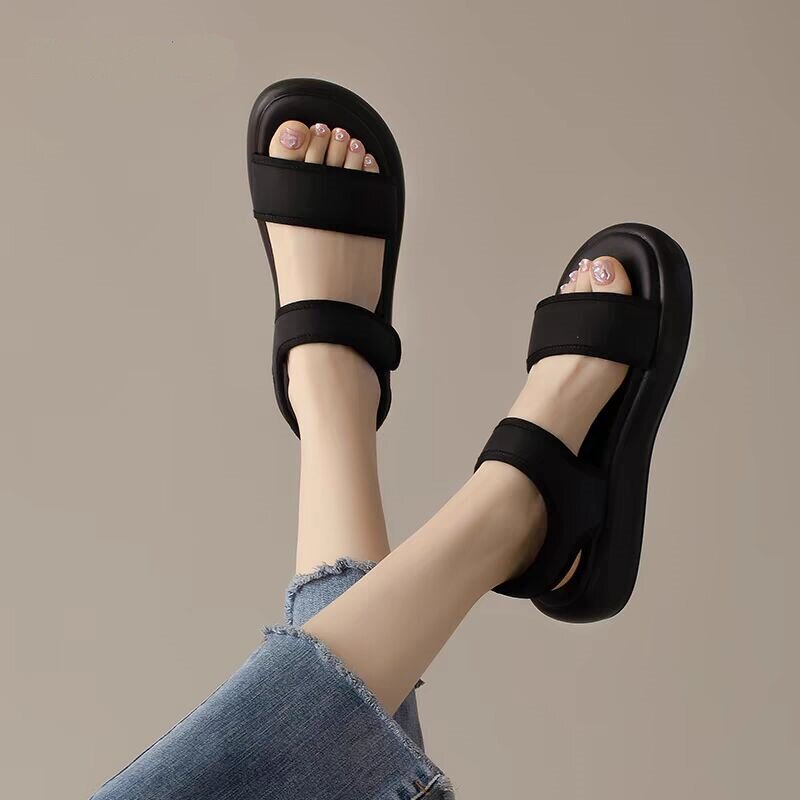 意尔慷凉鞋女2025新款平底软底休闲运动夏季外穿拖鞋魔术贴沙滩鞋