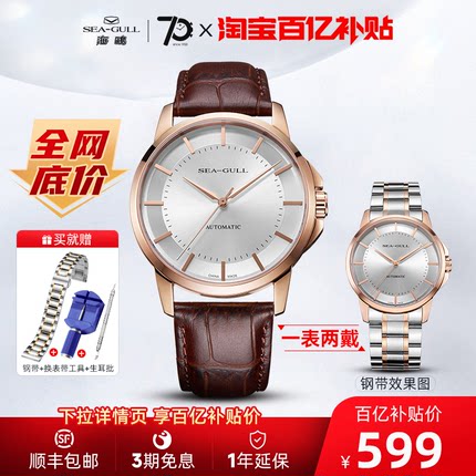 SEAGULL海鸥手表男士简约休闲自动机械表大三针时尚腕表海纳6066