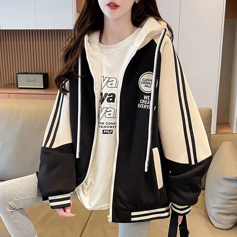 女大童加绒加厚棒球服女春秋棉服初高中学生宽松休闲连帽卫衣外套