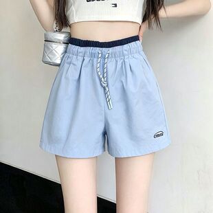 女童夏天松弛感韩版蓝色裤子2026夏季学生抽绳休闲运动阔腿短裤