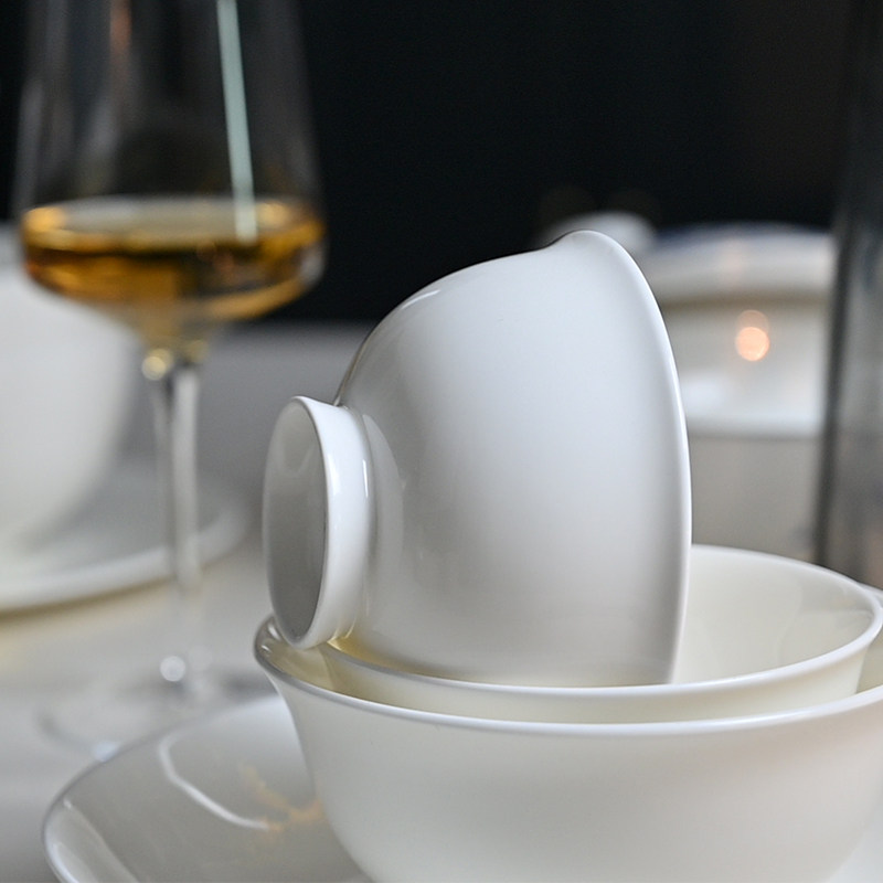 隆达骨瓷高端餐具套装纯白高脚十个碗十个盘套装全白陶瓷碗 盘子