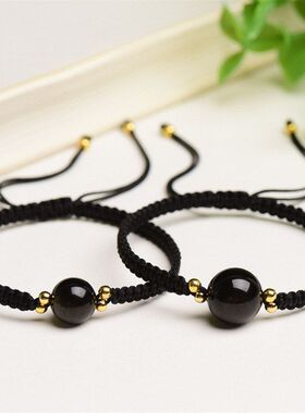 黑金曜石情侣手链一对水晶编织