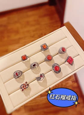 泰银石榴石钨钢钻戒指宽面夸张食指戒个性方钻戒指925纯银钨钢钻