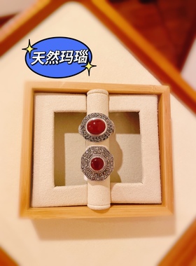 尼泊尔手工银戒指925纯银红玛瑙戒指厚银质钨钢钻马赛克食指戒