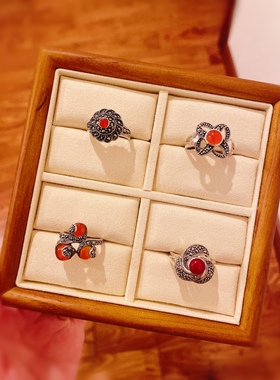 泰银红玛瑙戒指925纯银马赛克钨钢钻复古戒指妈妈礼物稳重百搭