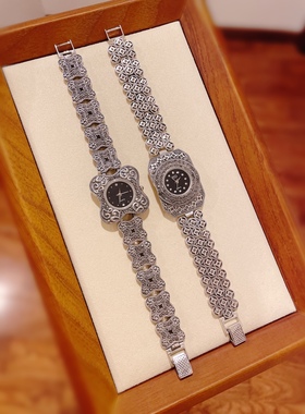 泰国手表925纯银钨钢钻手链铜钱手表手工马赛克黑底ins个性进口