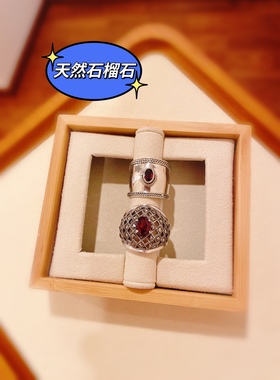 尼泊尔天然石榴石戒指手工素银宽面霸气可刻字马赛克富贵食指戒