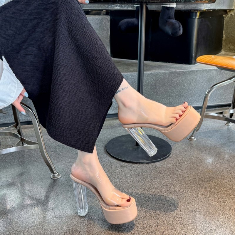 12CM超高跟透明凉鞋女恨天高水晶凉拖鞋女走秀婚鞋不累脚小码半拖