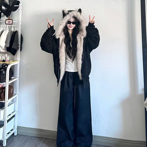 黑色麂皮毛领夹棉座山雕猫耳朵外套男女秋冬季加厚情侣装棉衣棉服