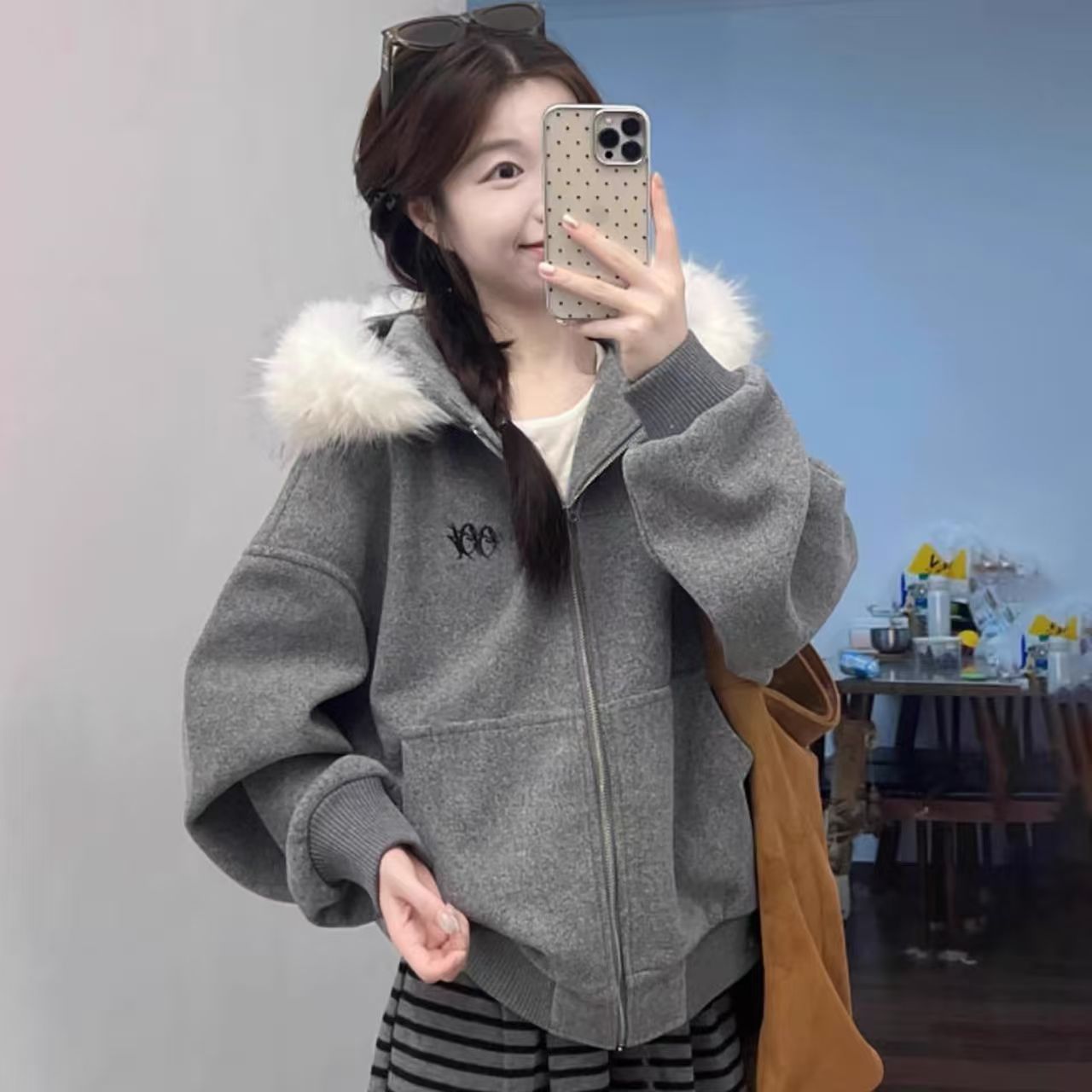 美式复古毛领连帽卫衣女2025新款宽松慵懒风加绒开衫外套灰色上衣