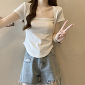 2026早春韩版 上衣小个子正肩 显瘦纯棉白色短款 方领短袖 T恤女修身